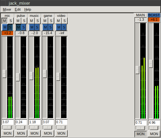 jack_mixer: My main mixer has a number of inputs from various sources on my computer. The two outputs are MAIN and BCAST, which go to my headset and to voice chats respectively. So for instance, when playing D&D online, I cat play sound effects or music for the other players. But also, if I am on a meeting, I can mute the music to the BCAST output, but keep listening to it myself.